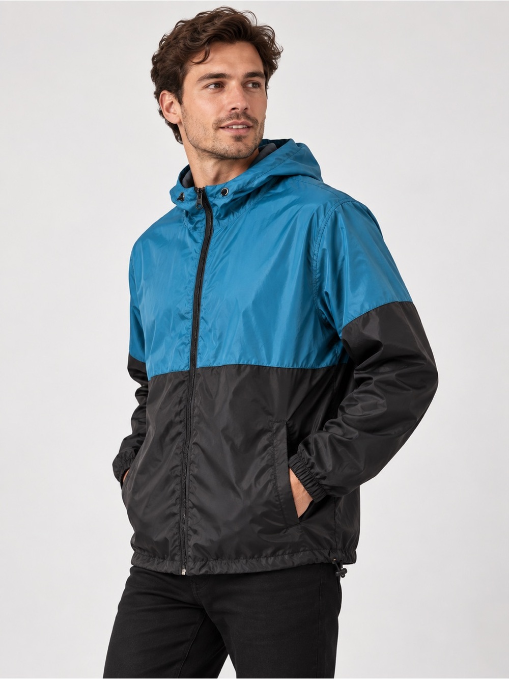 Beautiful Giant Teal & Black Hooded Windbreaker Size M